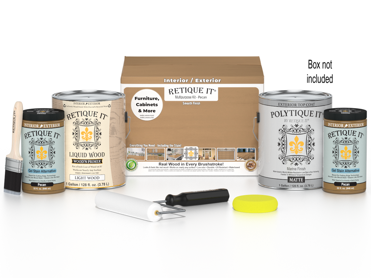 Retique It® Multi-purpose Smooth Finish Kit with four large Pecan exterior top coat wood finish bottles and application tools.