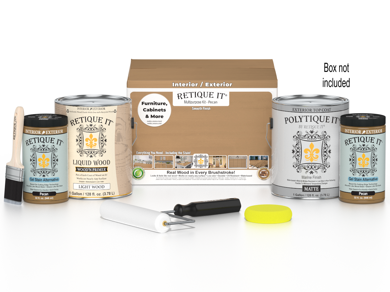 Retique It Multi-purpose Smooth Finish Kit with four large Pecan exterior top coat wood finish bottles and application tools.