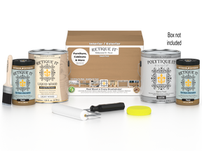 Retique It Multi-purpose Smooth Finish Kit in Pecan with exterior top coat, includes four large wood finishing tools and materials.
