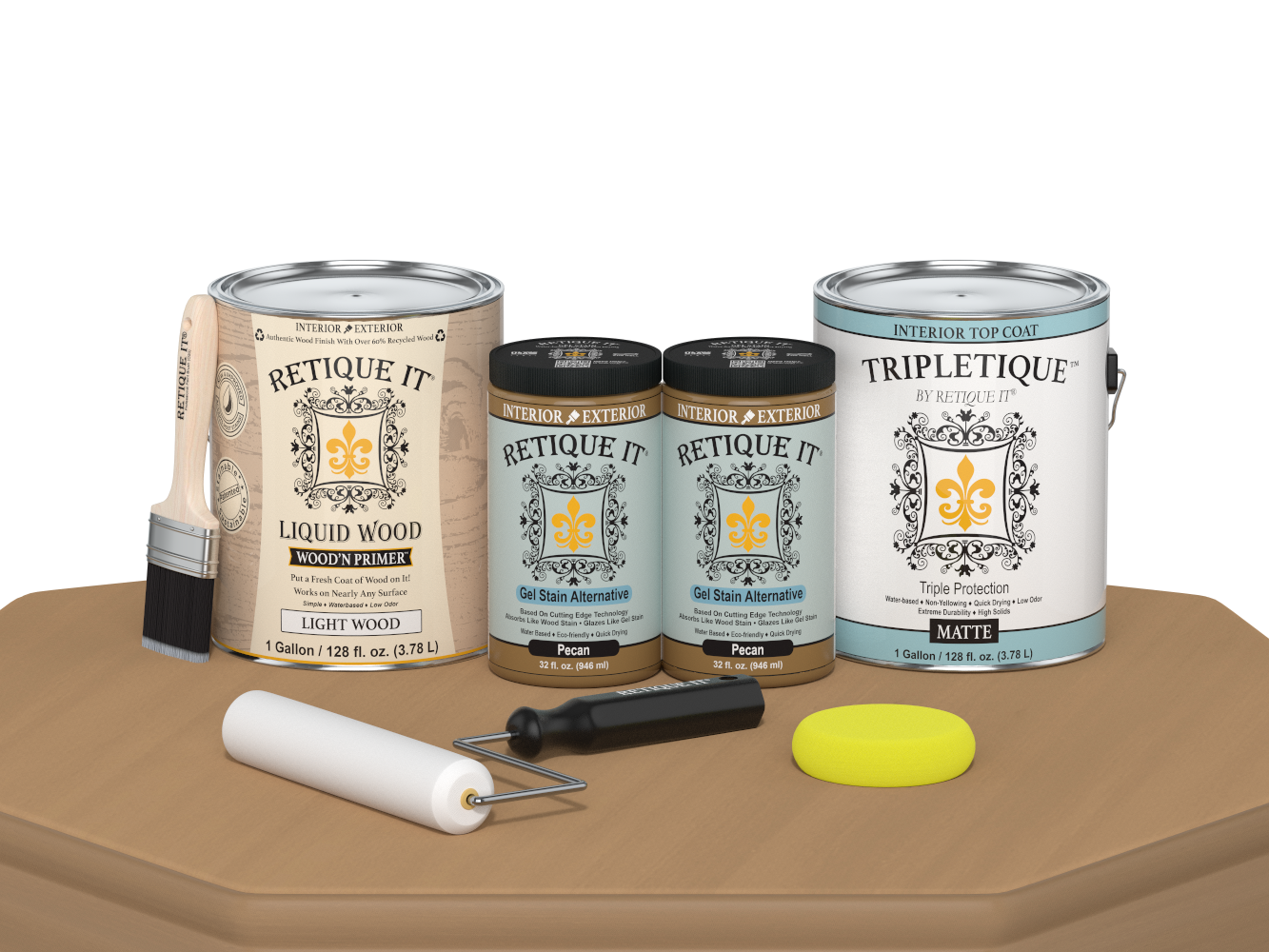 Retique It® Multi-purpose Smooth Finish Kit in Pecan for interior wood projects, featuring a matte top coat and four large bottles.
