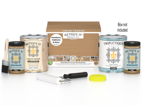 Retique It® Multi-purpose Smooth Finish Kit in Pecan for interior wood projects, shown with four large top coat bottles.