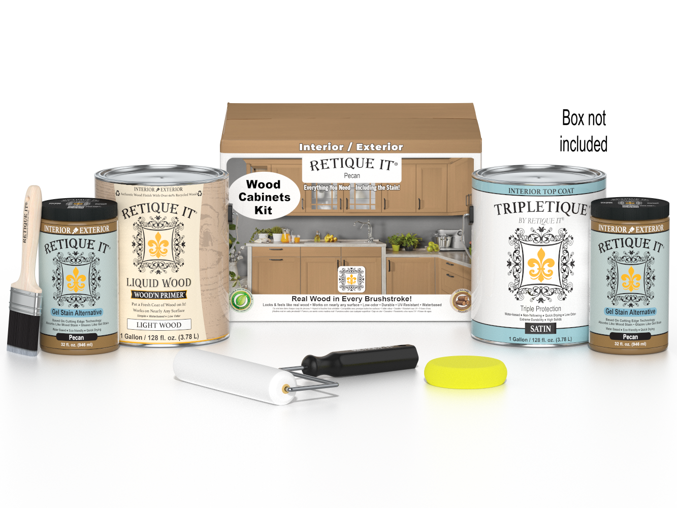 Retique It® Wood'n Cabinet Kit with 48 smooth pecan stained cabinet doors and box components, showcasing the finished wood grain.