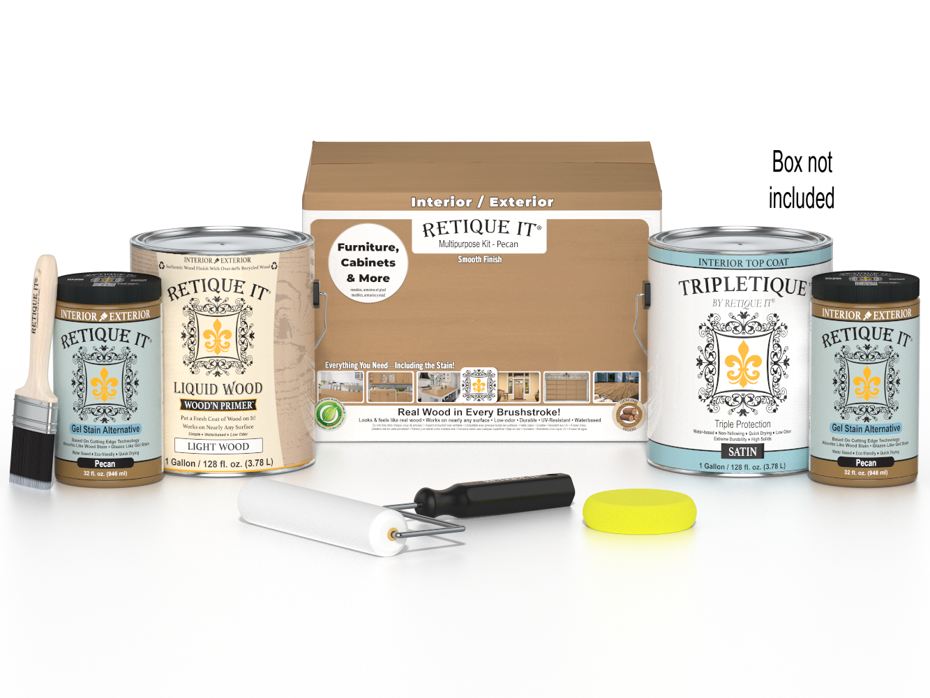 Retique It® multi-purpose wood finish kit with four large pecan-colored interior top coat bottles and applicator tools.