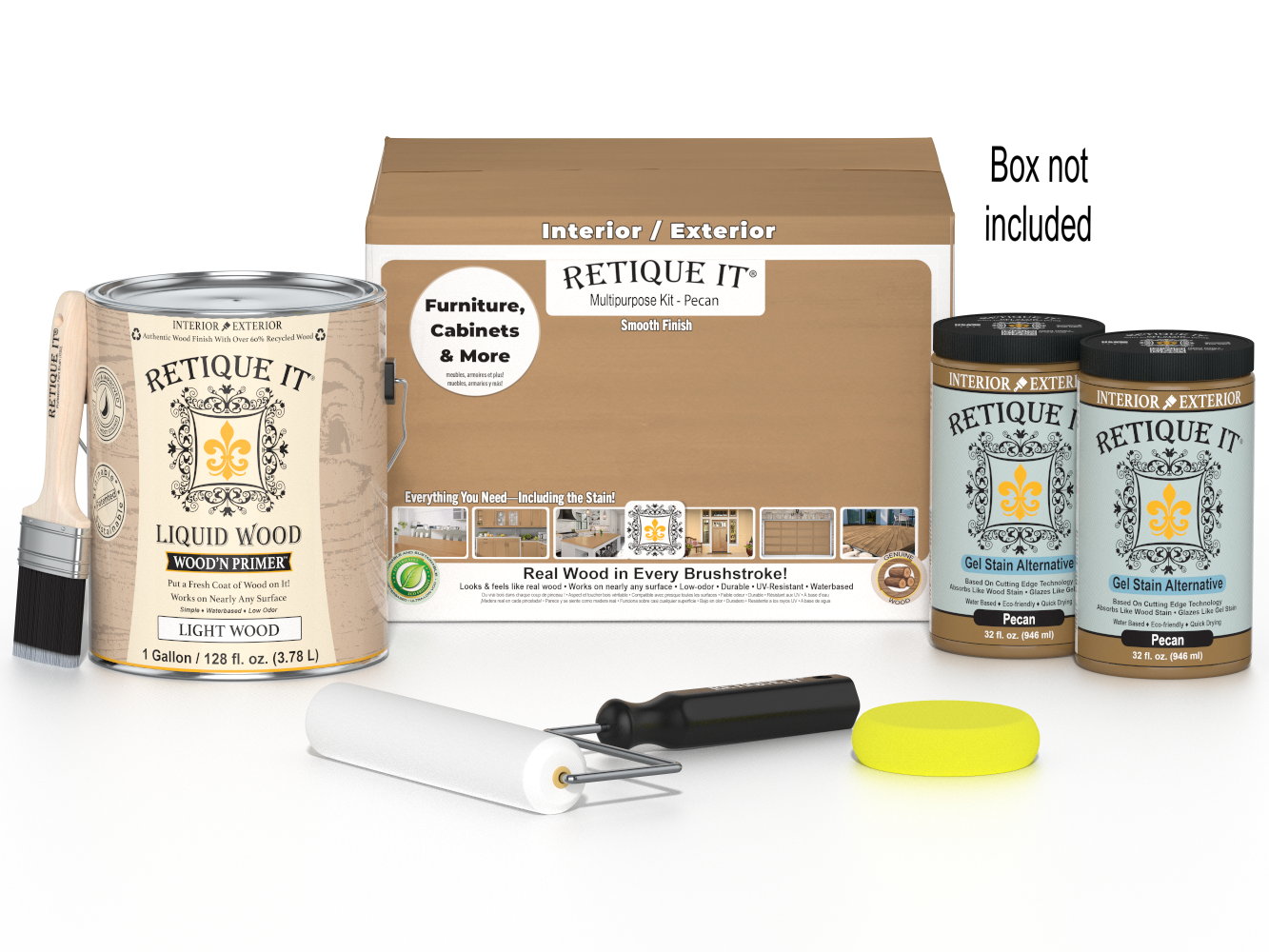 Retique It® Multi-purpose Smooth Finish Kit in Pecan, large size, with four wood finish bottles and application tools.