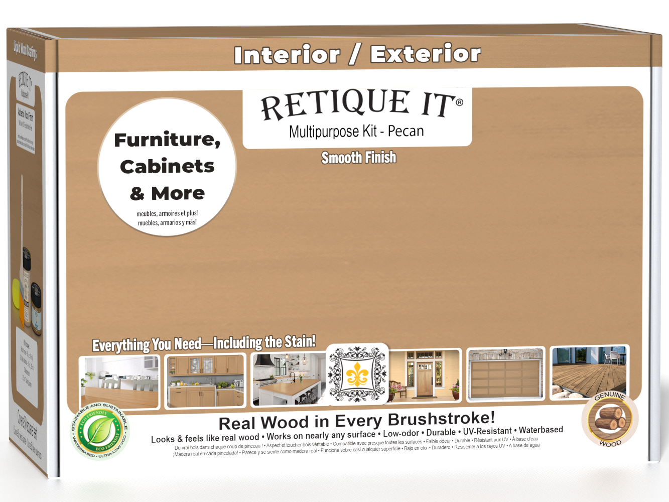 Retique It Multi-purpose Smooth Finish Kit (Med) in Pecan for exterior wood projects, featuring a matte top coat in a box.