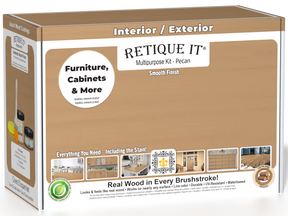 Retique It Multi-purpose Smooth Finish Kit in Pecan for exterior wood, includes top coat and matte finish components.