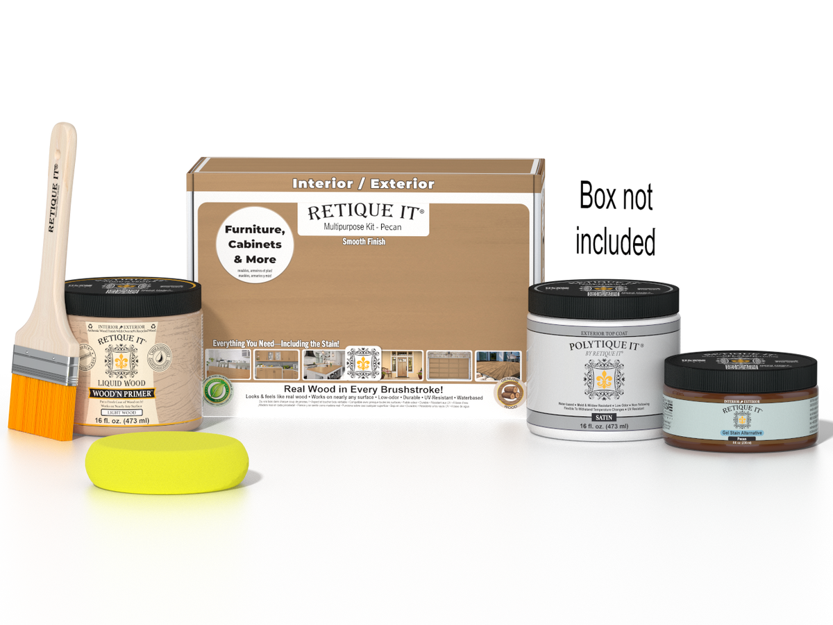 Retique It Multi-purpose Smooth Finish Kit in Pecan for exterior wood surfaces, includes top coat and application tools.