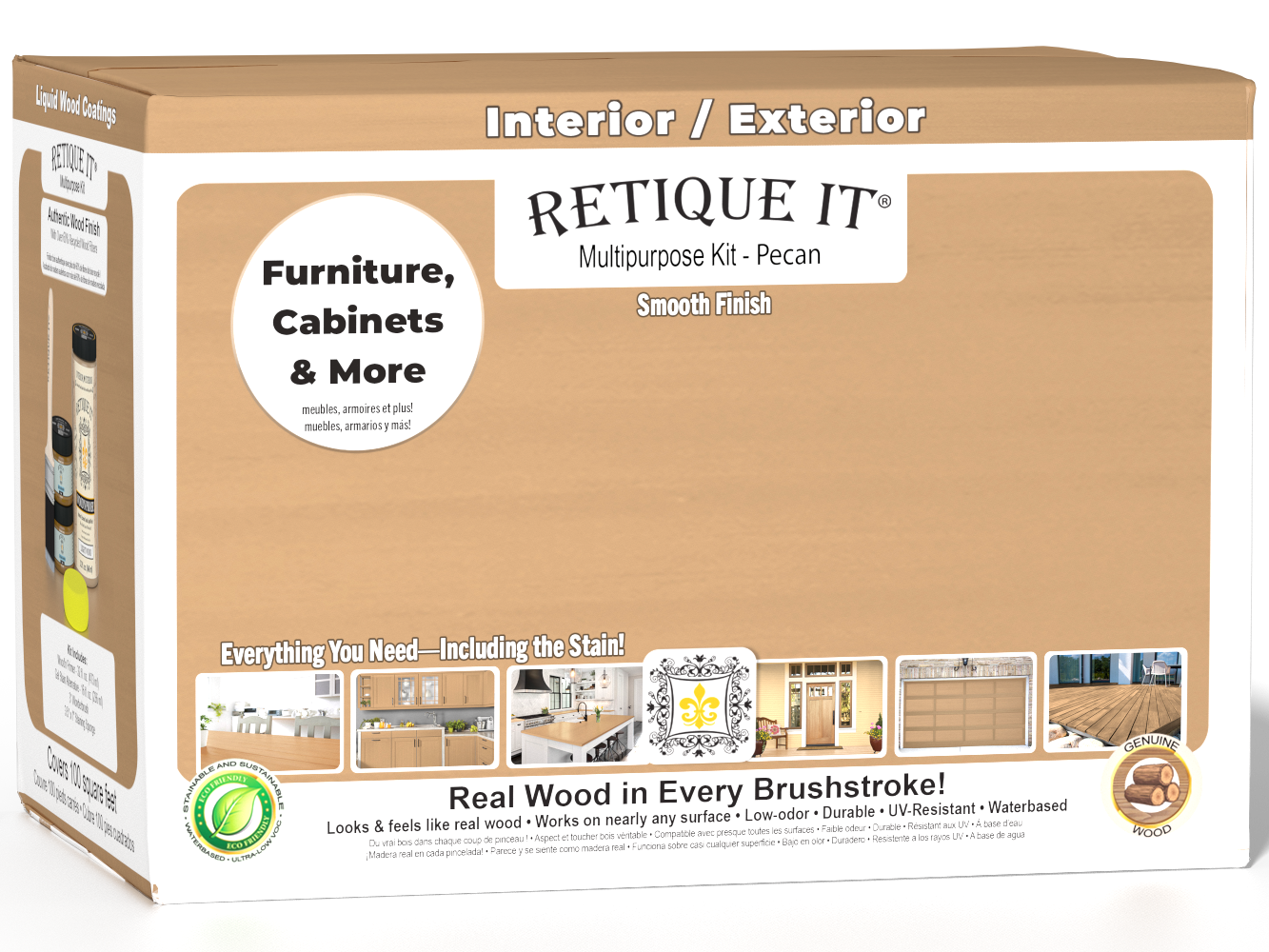 Large Pecan wood finish kit by Retique It® for interior projects, includes smooth finish top coat and application tools.