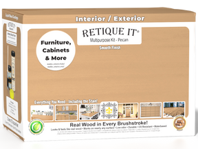 Large Pecan wood finish kit by Retique It® for interior projects, includes smooth finish top coat and application tools.