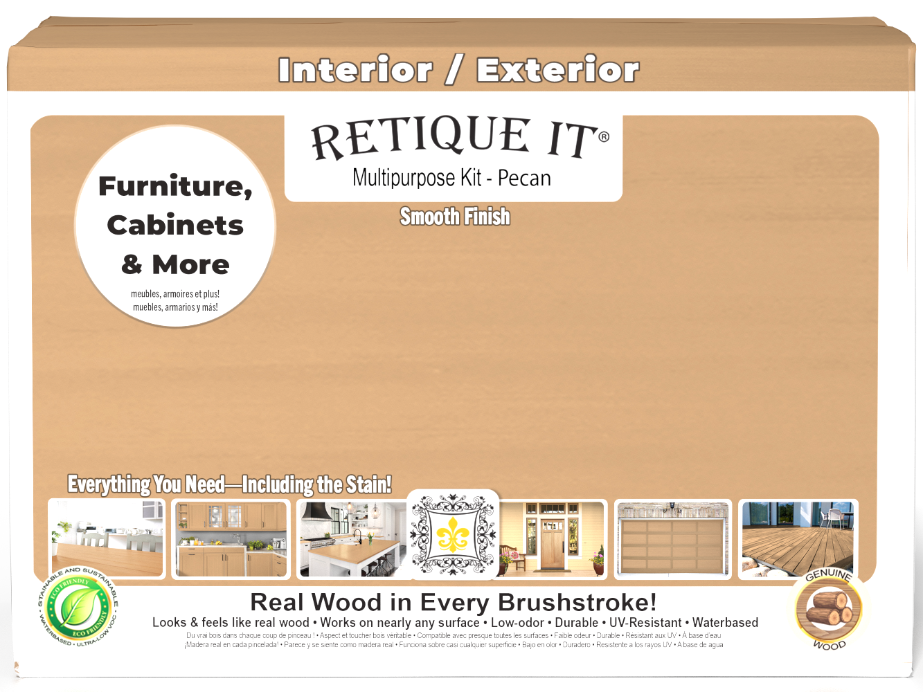 Large Pecan Multi-purpose Smooth Finish Kit from Wood'n Finish Kits by Retique It®, featuring interior top coat in a sturdy box.