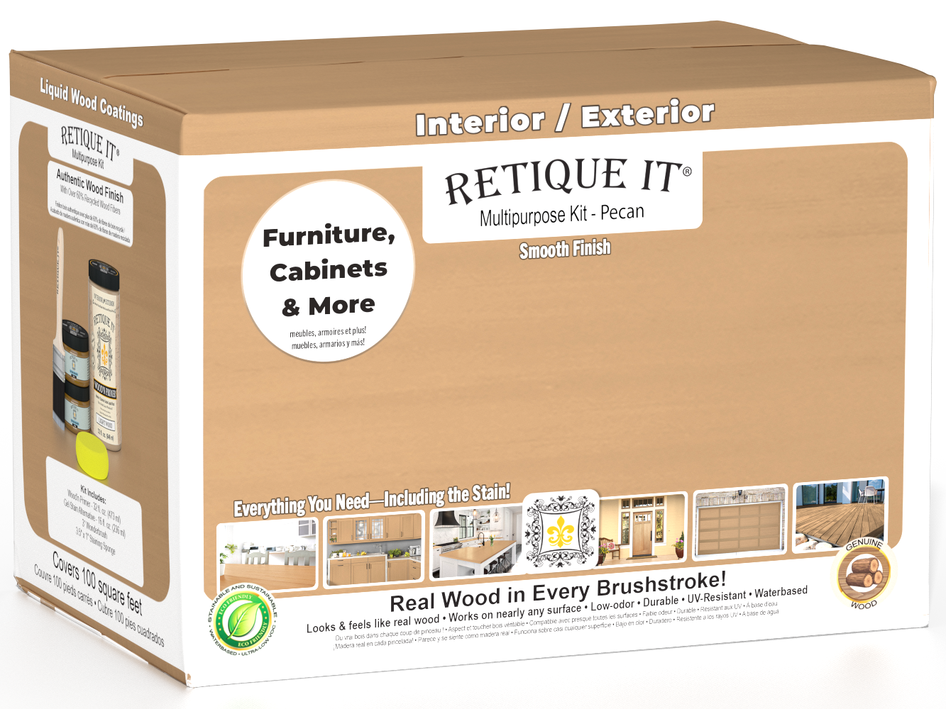 Large Pecan wood finish kit by Retique It® with smooth finish and multiple application tools for versatile wood restoration.