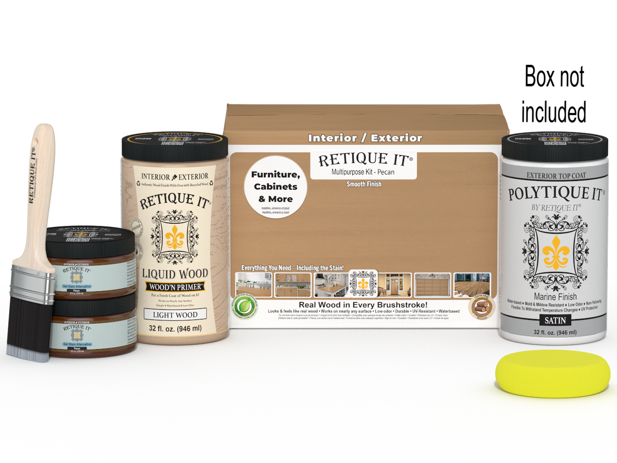 Large Pecan Multi-purpose Smooth Finish Kit by Retique It for exterior wood top coat, includes wood finish products and tools.