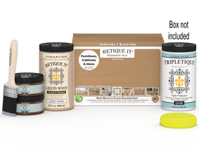 Large Pecan Multi-purpose Smooth Finish Kit by Retique It® for wood interior top coating, includes tools and materials in box.