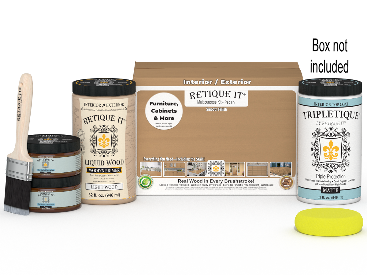 Retique It® large Pecan Multi-purpose Smooth Finish Kit for interior wood projects, includes top coat and tools in a box.