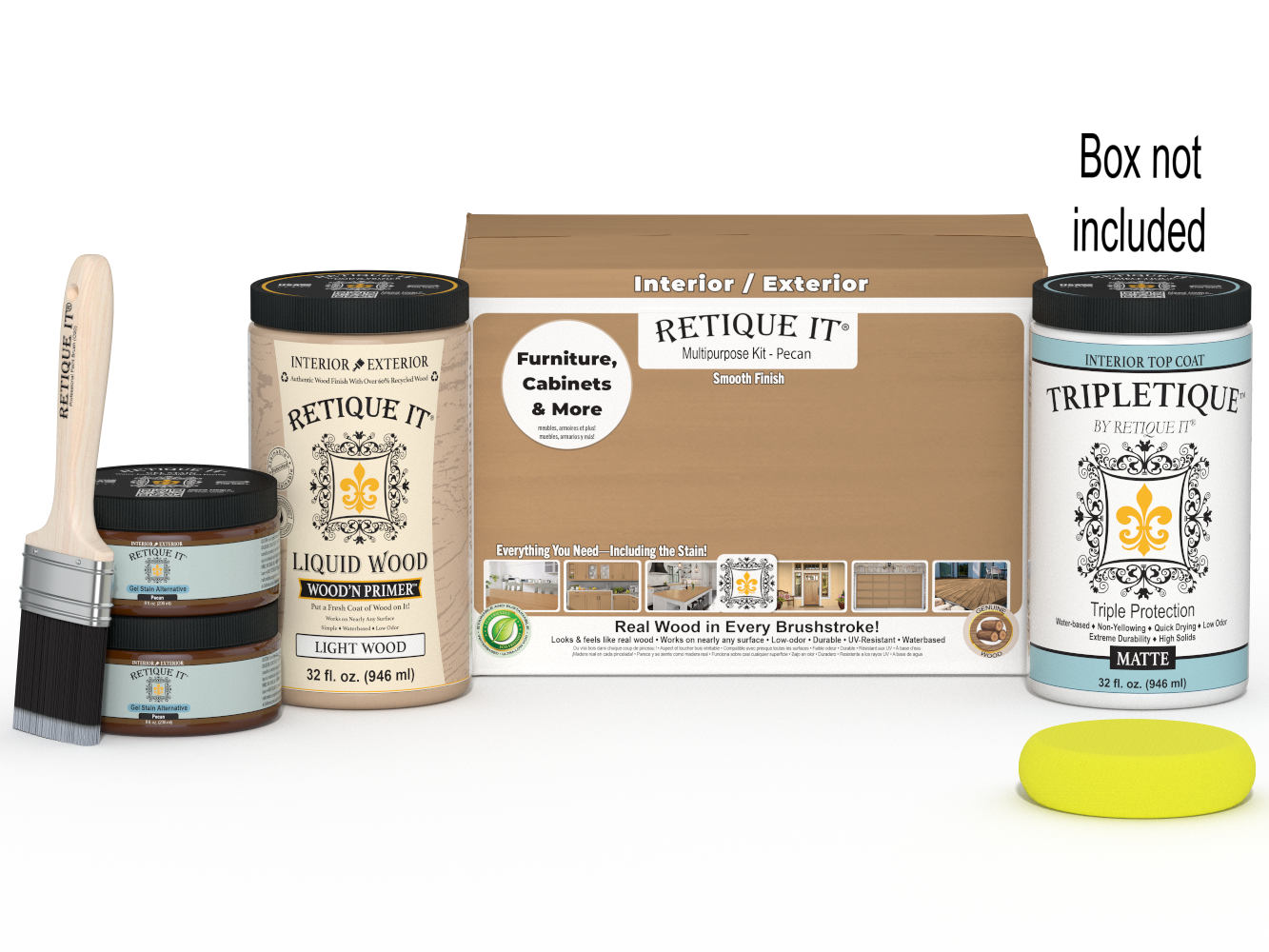 Retique It® large Pecan Multi-purpose Smooth Finish Kit for interior wood projects, includes top coat and tools in a box.