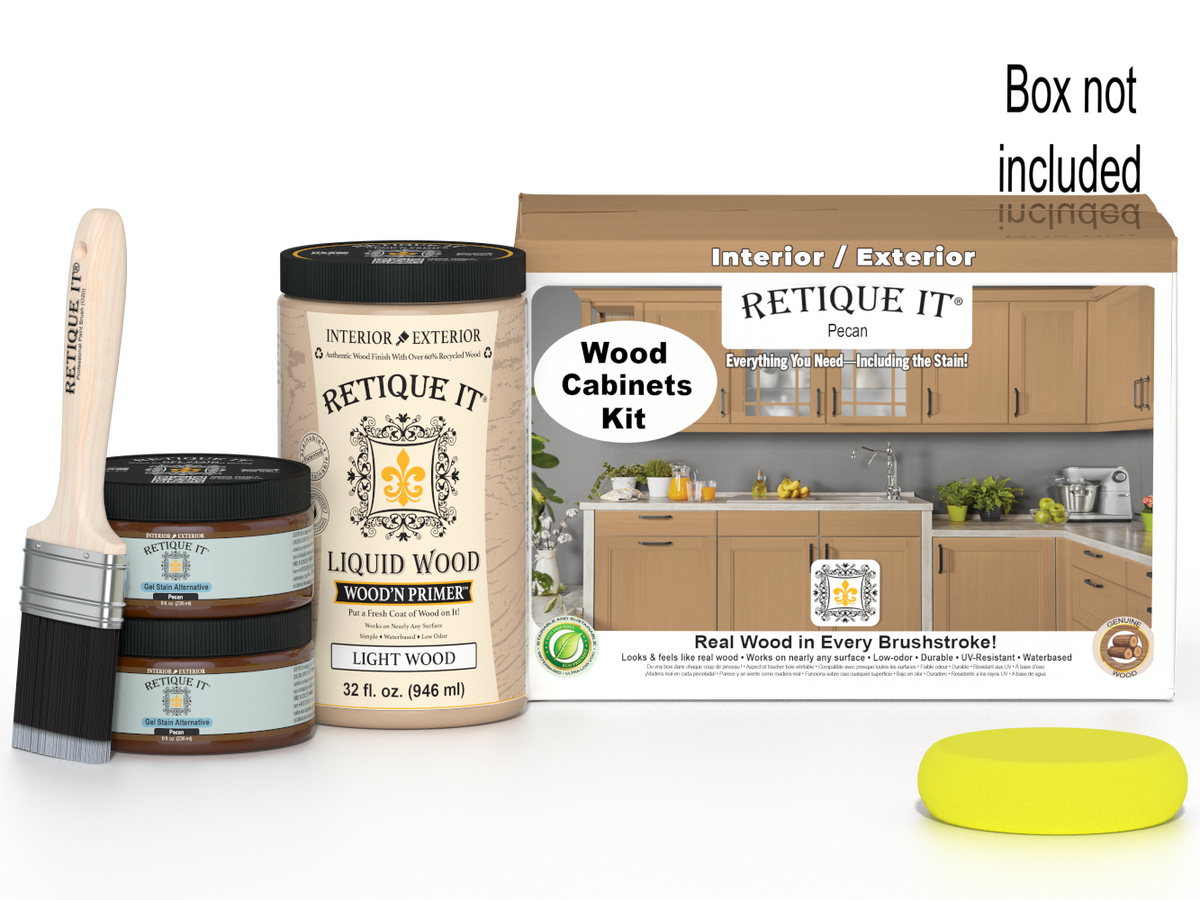Retique It® Wood'n Cabinet Kit in Pecan with 12 smooth doors for stained cabinet renovation, featuring natural wood finish.