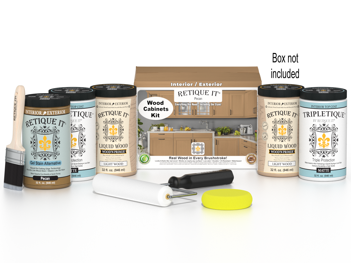 Retique It® Wood'n Cabinet Kit in Pecan with 24 smooth door stains for wood cabinets, showcasing natural wood finish.