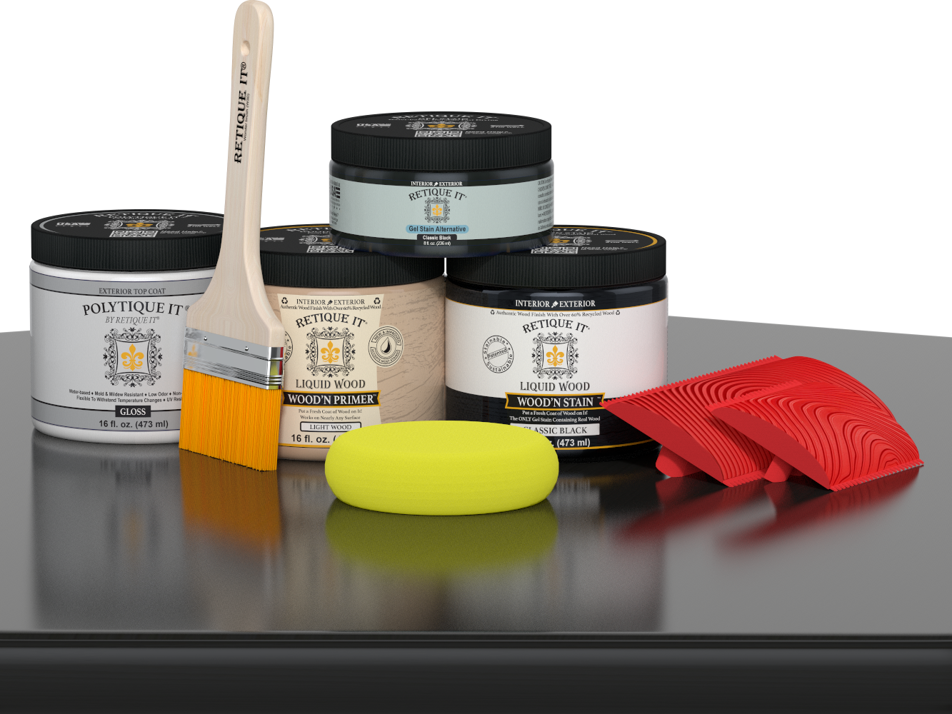 Retique It® Wood'n Finish Kit in Classic Black, medium-sized exterior top coat for wood projects, shown on a wooden surface.