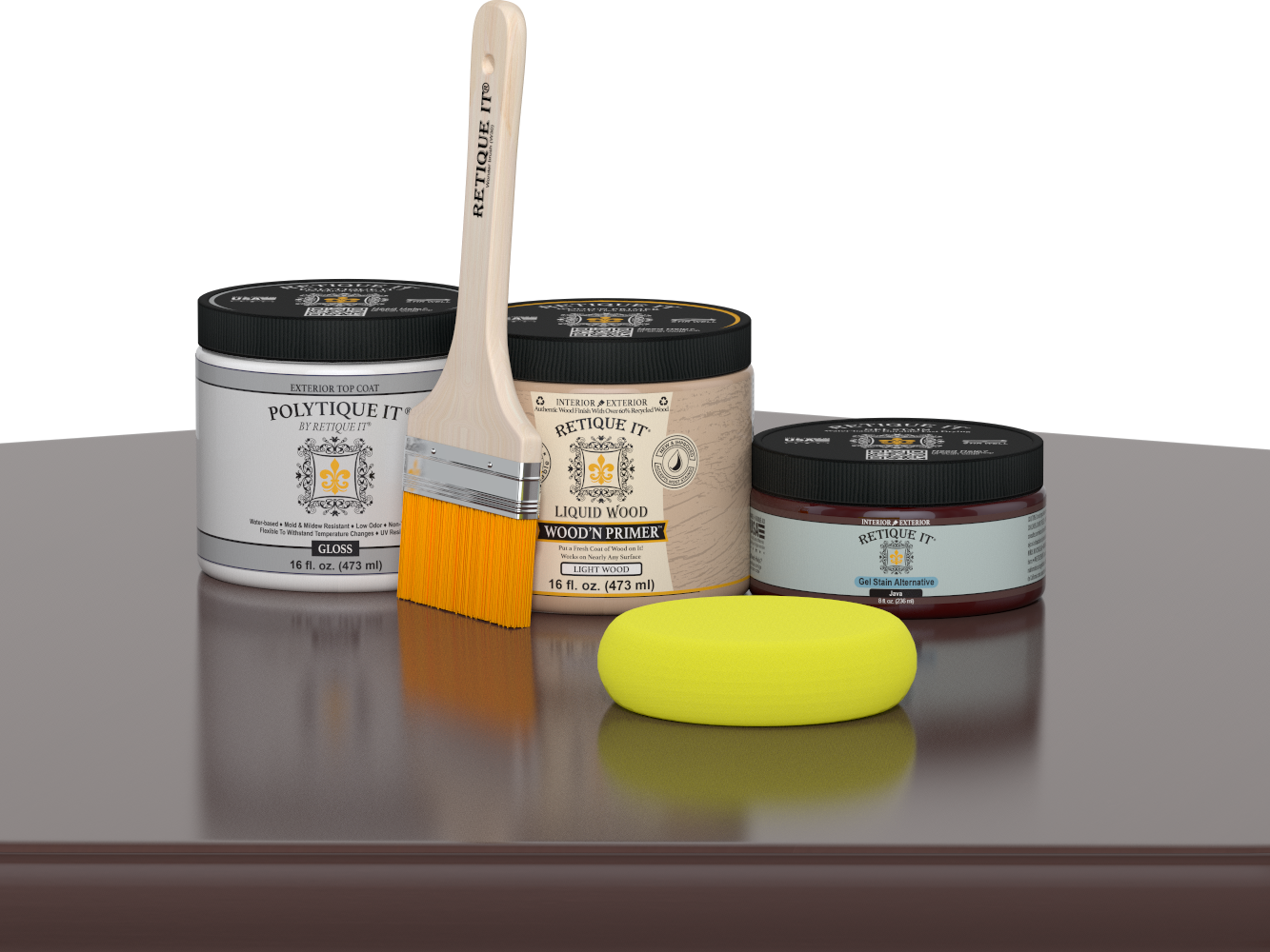 Retique It® Java Multipurpose Kit contents with Liquid Wood primer, Java gel stain alternative, PolyTique It® gloss exterior top coat, paintbrush, and yellow sponge displayed on a dark wood surface.