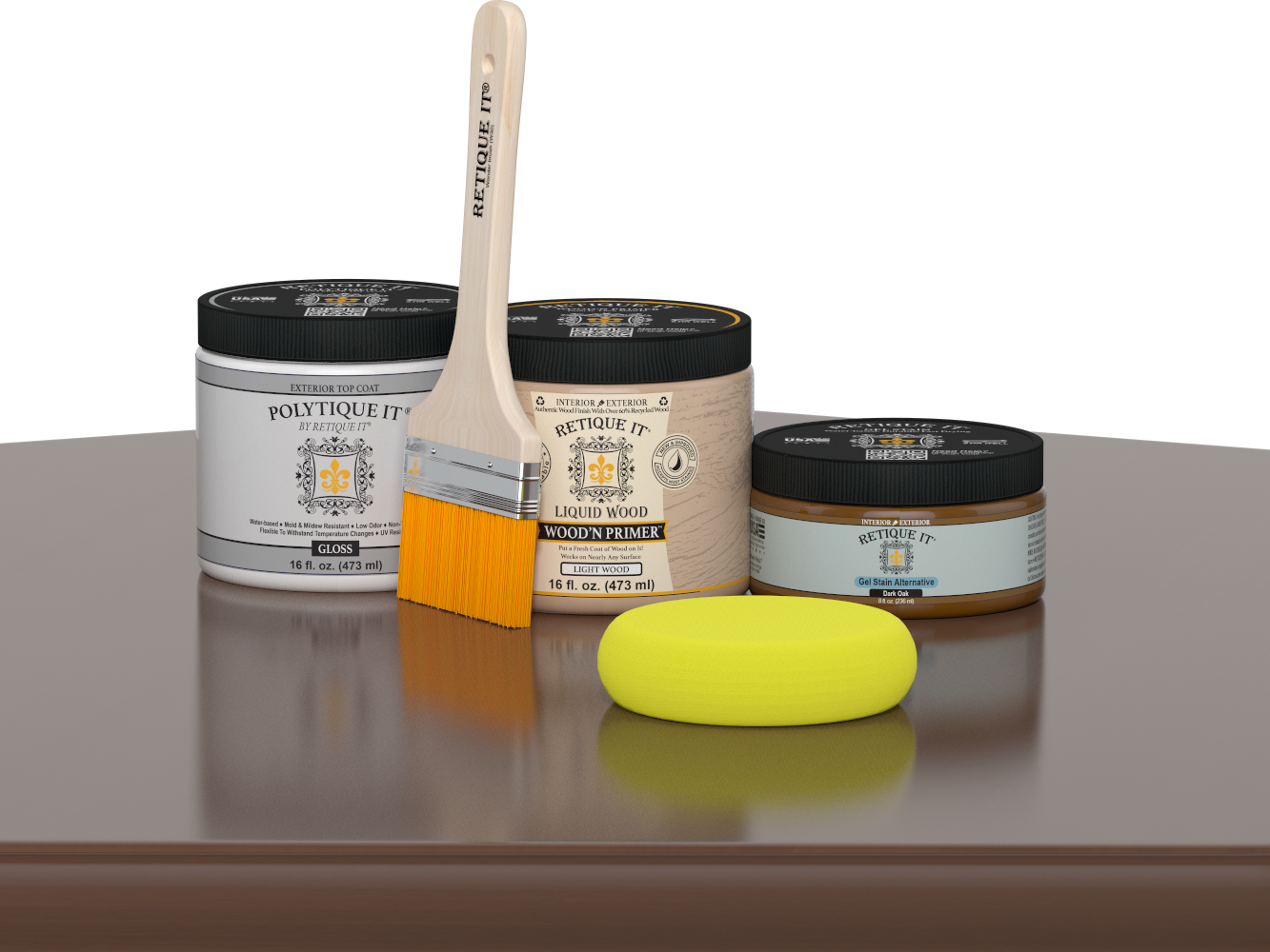 Retique It® Dark Oak Multipurpose Kit contents with Liquid Wood primer, Dark Oak gel stain alternative, PolyTique It® gloss exterior top coat, paintbrush, and yellow sponge displayed on a dark wood surface.