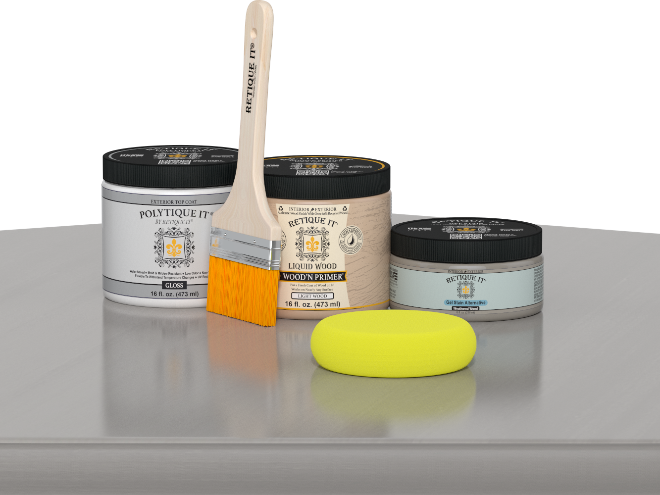 Retique It® Weathered Wood Multipurpose Kit contents with Liquid Wood primer, Weathered Wood gel stain alternative, PolyTique It® gloss exterior top coat, paintbrush, and yellow sponge displayed on a gray wood surface.