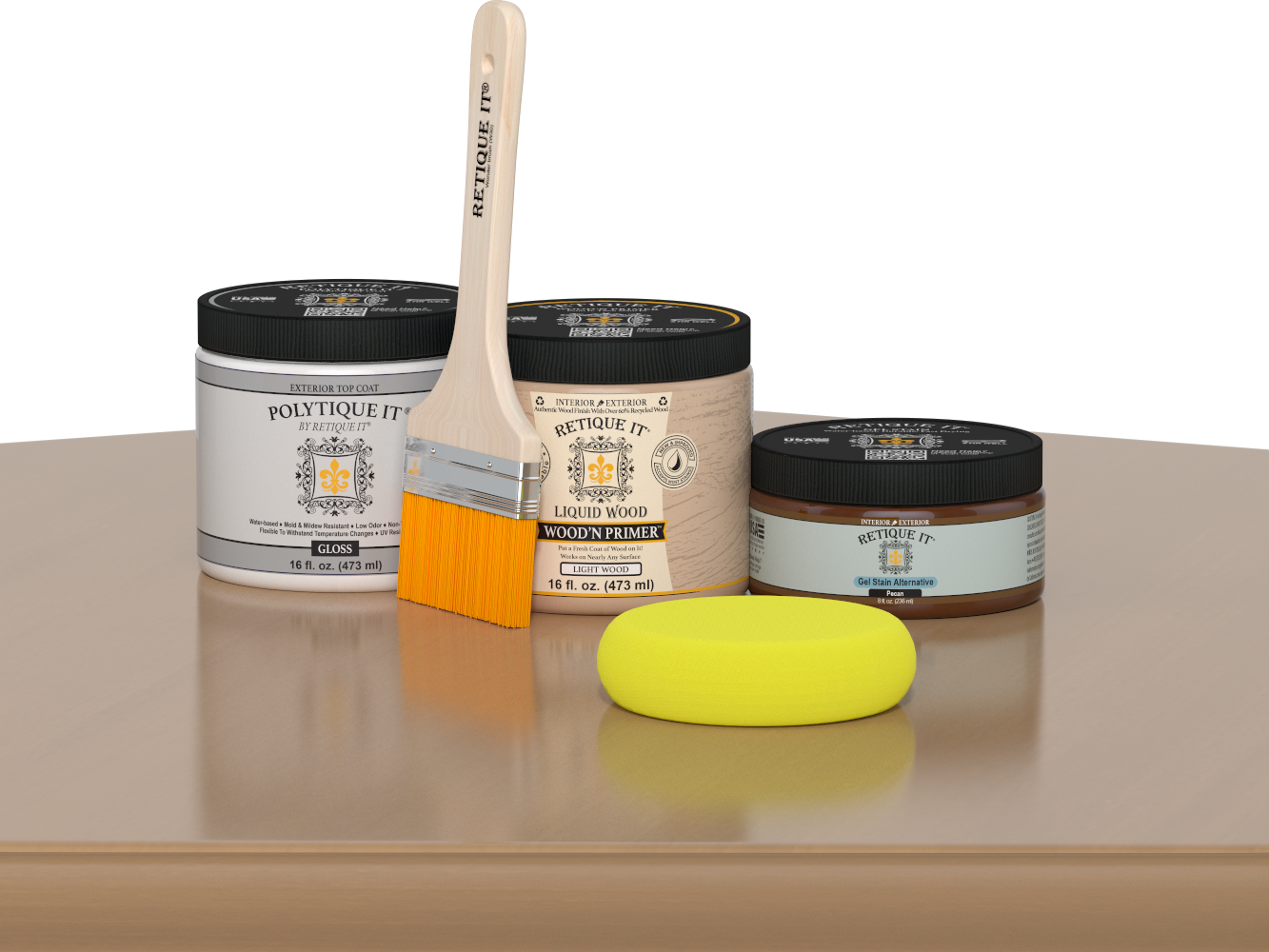 Retique It® Pecan Multipurpose Kit contents with Light Wood Liquid Wood primer, Pecan gel stain alternative, PolyTique It® gloss exterior top coat, paintbrush, and yellow sponge displayed on a wood surface.