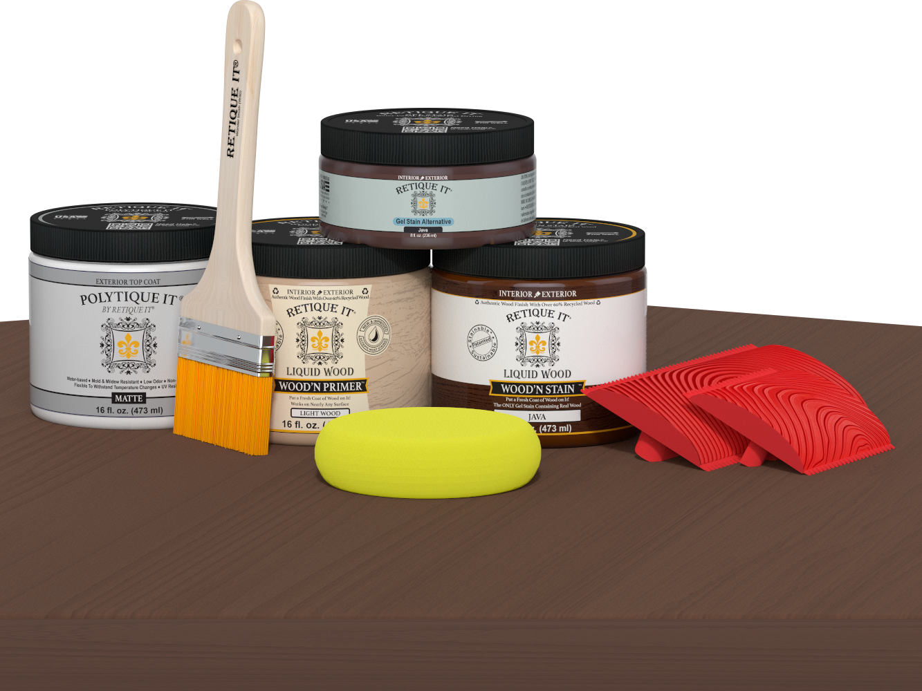 Retique It® Wood'n Finish Kit in Java with matte top coat shown on wooden table surface, designed for exterior wood finishing.