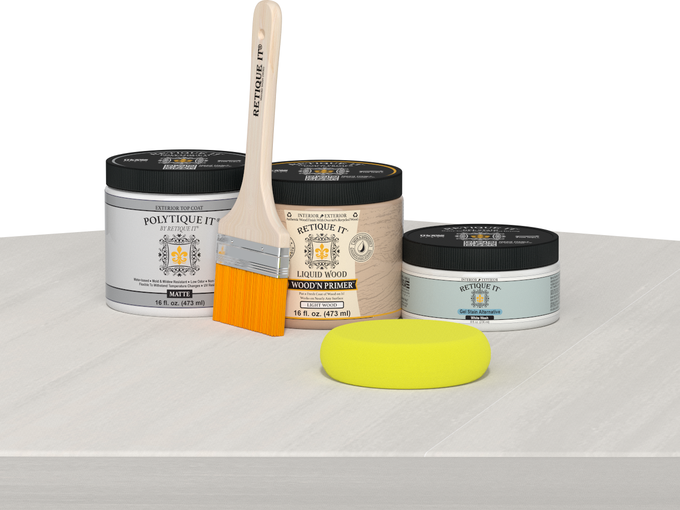 Retique It® White Wash Multipurpose Kit contents with Liquid Wood primer, White Wash gel stain alternative, PolyTique It® matte exterior top coat, paintbrush, and yellow sponge displayed on a white wood surface.
