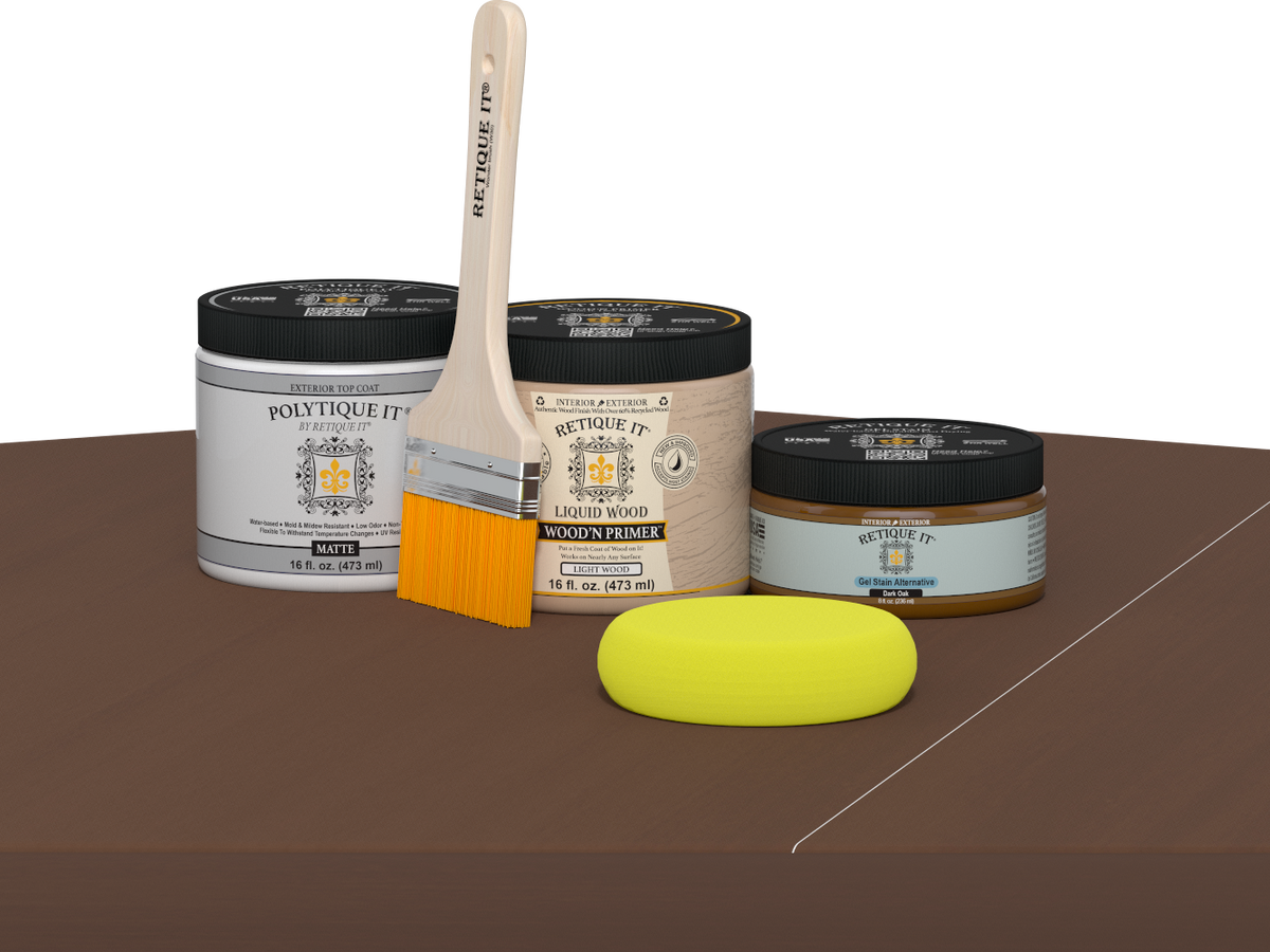 Retique It® Dark Oak Multipurpose Kit contents with Liquid Wood primer, Dark Oak gel stain alternative, PolyTique It® matte exterior top coat, paintbrush, and yellow sponge displayed on a dark wood surface.