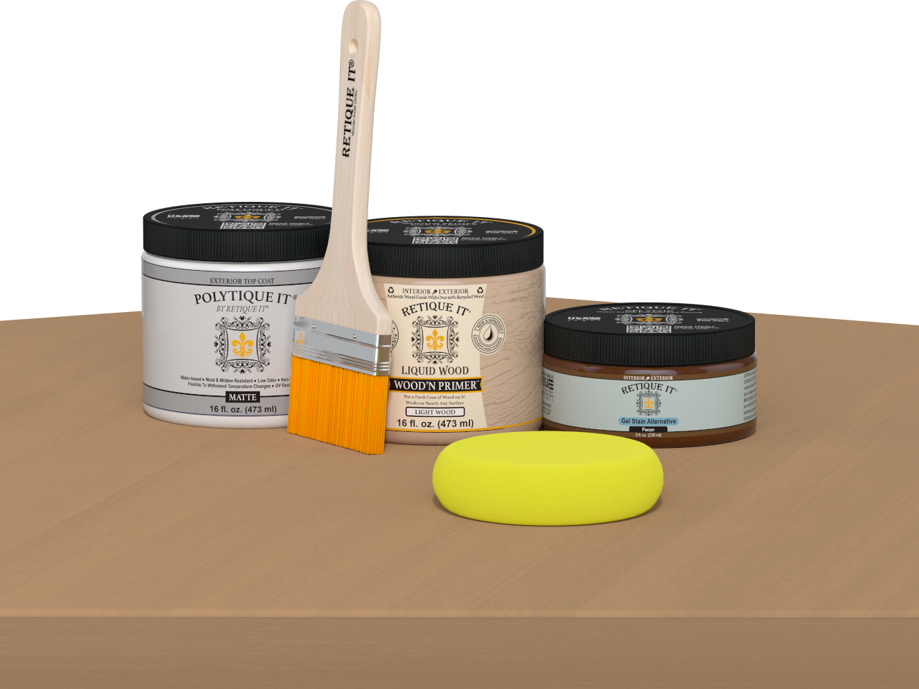Retique It® Pecan Multipurpose Kit contents with Light Wood Liquid Wood primer, Pecan gel stain alternative, PolyTique It® matte exterior top coat, paintbrush, and yellow sponge displayed on a wood surface.