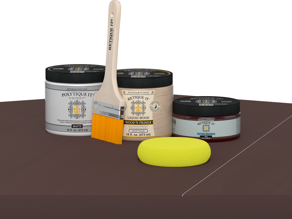 Retique It® Java Multipurpose Kit contents with Liquid Wood primer, Java gel stain alternative, PolyTique It® matte exterior top coat, paintbrush, and yellow sponge displayed on a dark wood surface.