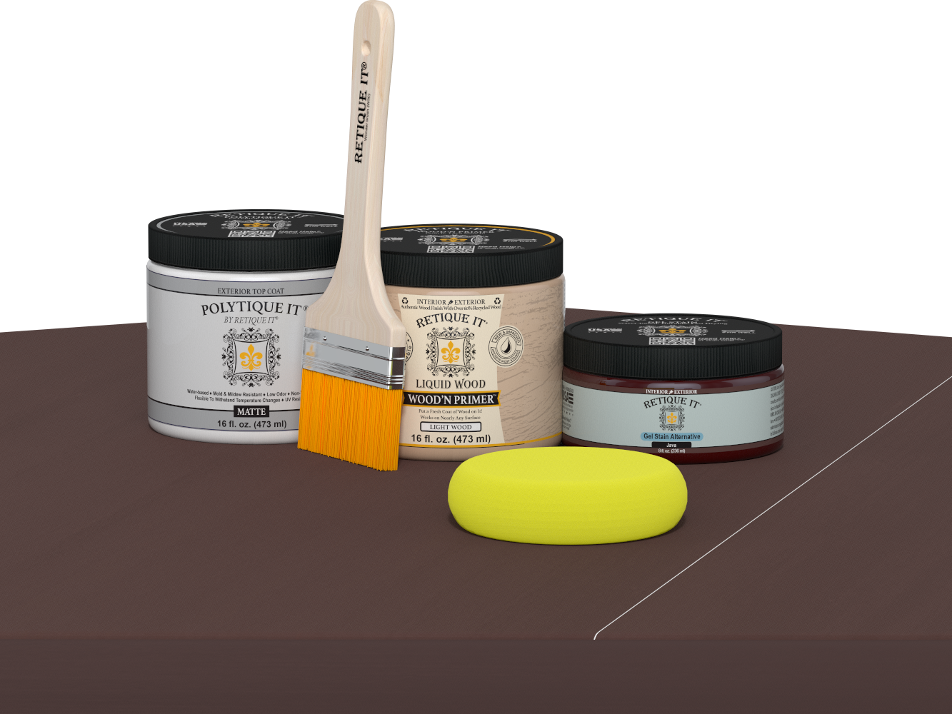 Retique It® Java Multipurpose Kit contents with Liquid Wood primer, Java gel stain alternative, PolyTique It® matte exterior top coat, paintbrush, and yellow sponge displayed on a dark wood surface.
