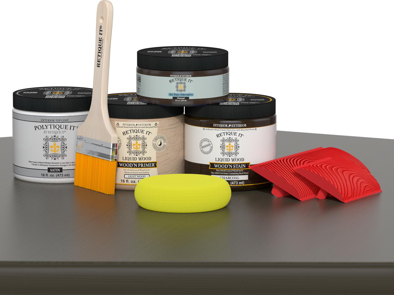 Retique It® Wood'n Kit in Charcoal, satin finish for exterior wood surfaces, featuring a multi-purpose exterior top coat on a wooden table.