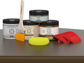 Dark Pecan Wood'n Finish Kit by Retique It® for exterior wood projects, satin top coat applied on wooden surface.