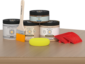 Retique It® Wood'n Finish Kit in Pickled Oak for exterior use, satin top coat applied on wooden table surface.