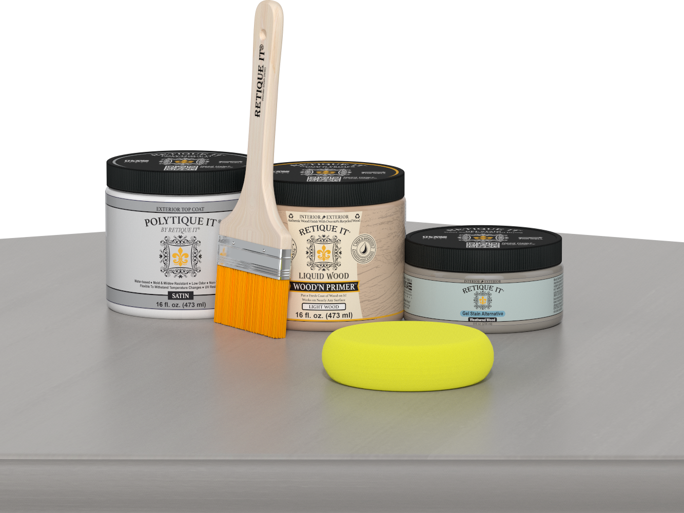Retique It® Weathered Wood Multipurpose Kit contents with Liquid Wood primer, Weathered Wood gel stain alternative, PolyTique It® satin exterior top coat, paintbrush, and yellow sponge displayed on a gray wood surface.