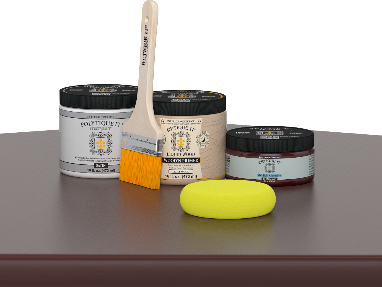 Retique It® Red Mahogany Multipurpose Kit contents with Liquid Wood primer, Red Mahogany gel stain alternative, PolyTique It® satin exterior top coat, paintbrush, and yellow sponge displayed on a dark wood surface.