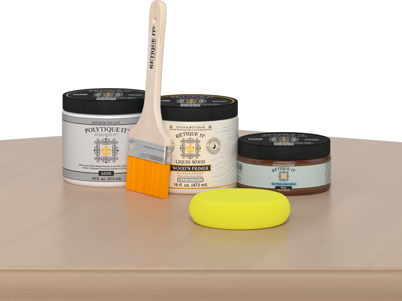 Retique It® White Oak Multipurpose Kit contents with Liquid Wood primer, Pecan gel stain alternative, satin exterior top coat, paintbrush, and yellow sponge displayed on a light wood surface.