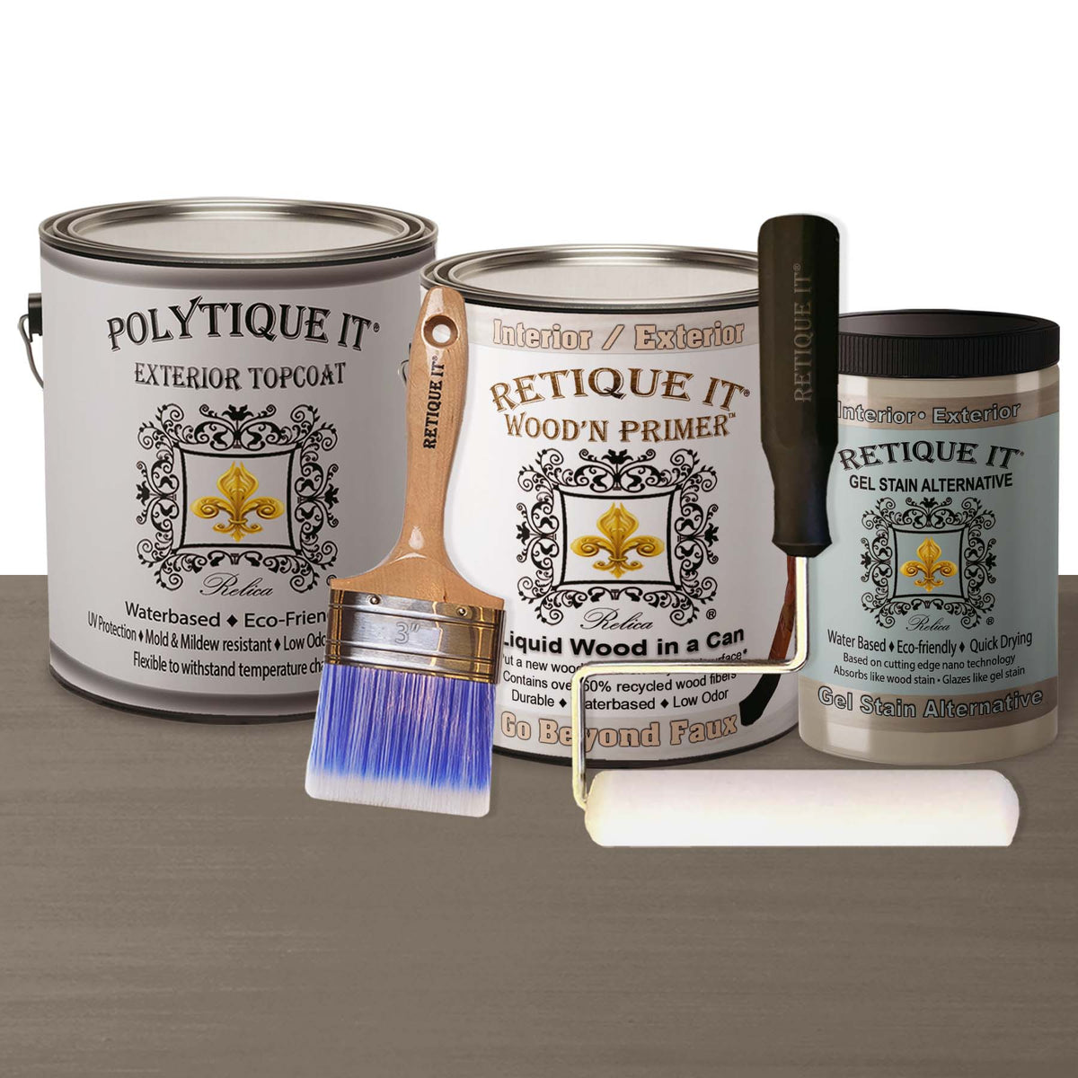 Retique It Multi-purpose Smooth Finish Kit with Harbor Gray exterior top coat, including primer and gel for wood finishing.