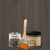Retique It Liquid Wood Kit with Carbon Gray oil-based stain, showing brushed wood surface with gray stain finish.