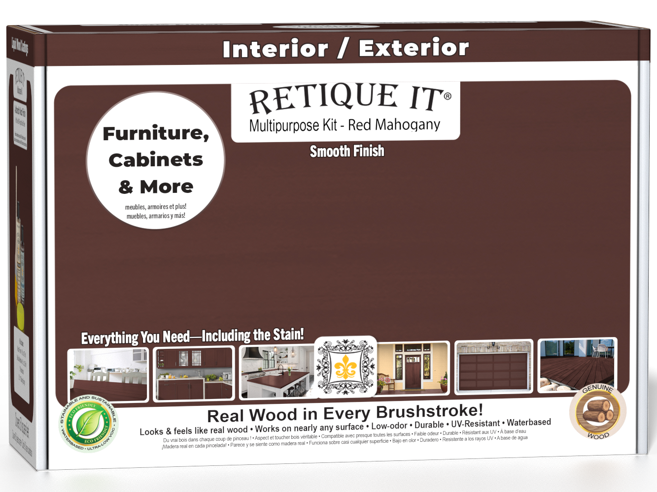Retique It® Multi-purpose Smooth Finish Kit in Red Mahogany for exterior wood, with wood top coat and finishing supplies.