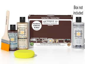 Retique It® Multi-purpose Smooth Finish Kit in Red Mahogany for exterior wood, includes top coat and application tools.