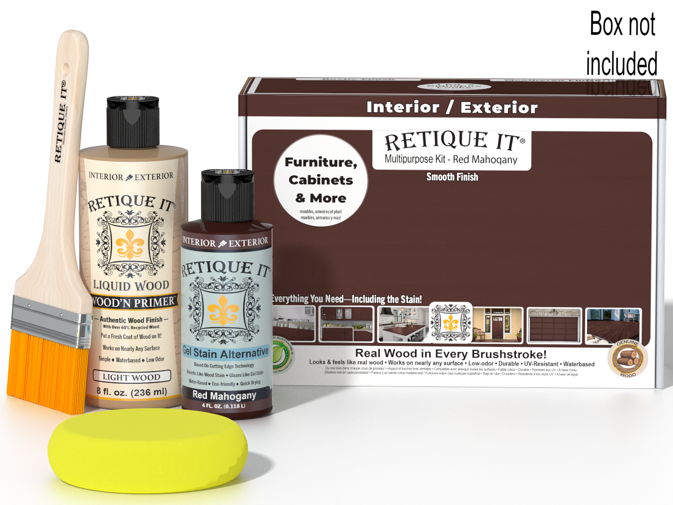 Retique It® Multi-purpose Smooth Finish Kit in Red Mahogany shown with wood finish tools and materials.
