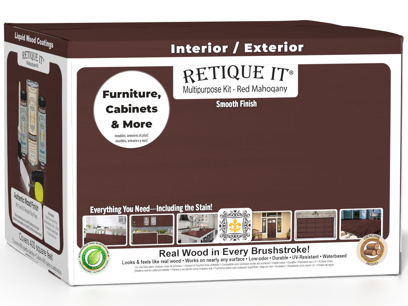 Retique It Multi-purpose Smooth Finish Kit in Red Mahogany for exterior wood top coating, includes four large wood finish containers.