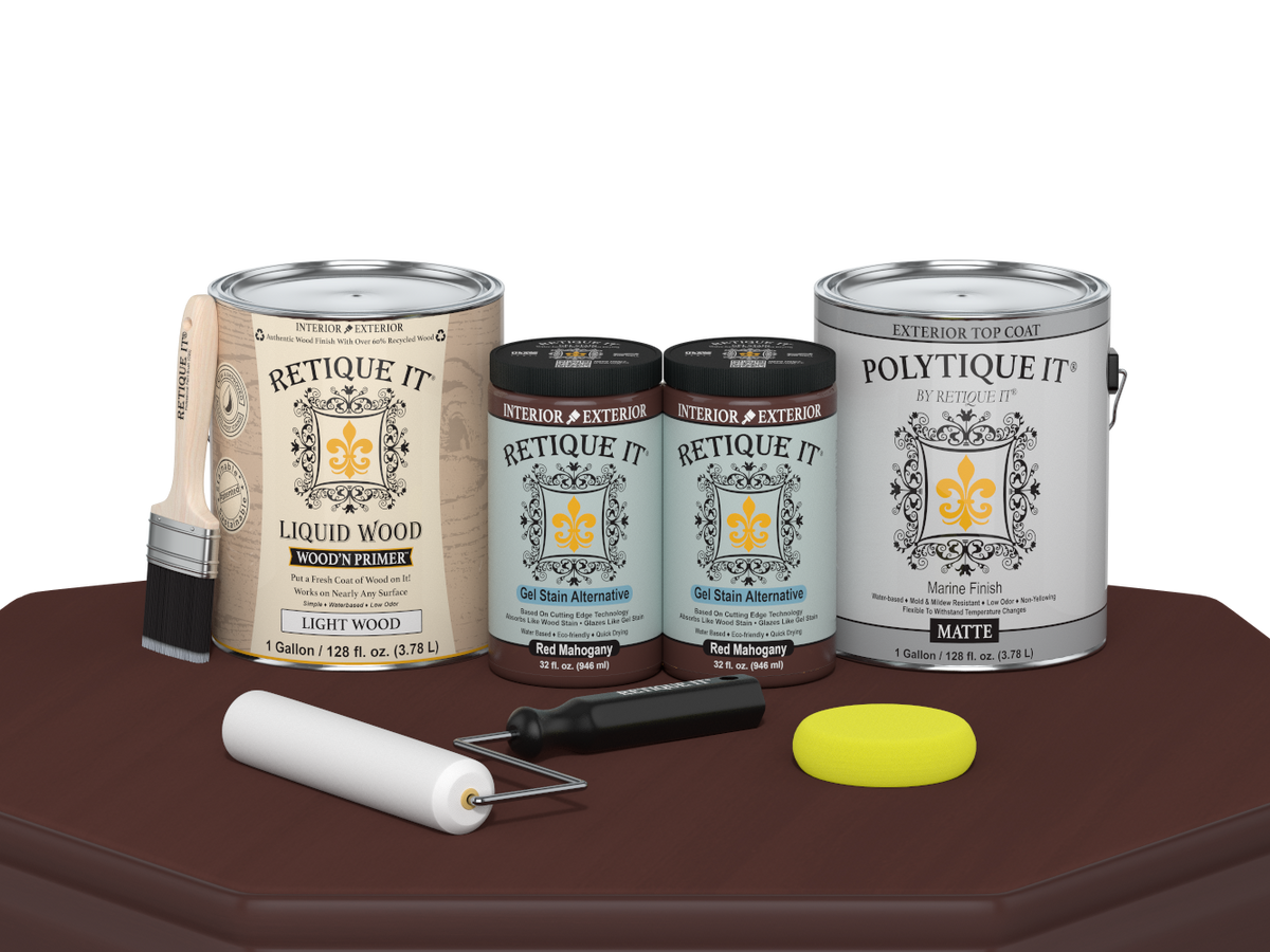 Retique It® wood finish kit with four large red mahogany exterior top coat bottles and matte wood surface, for multi-purpose use.
