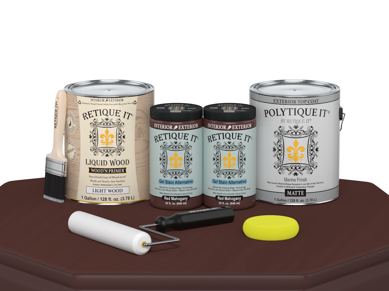 Retique It wood finish kit with four large red mahogany exterior top coat bottles and matte wood surface, for multi-purpose use.
