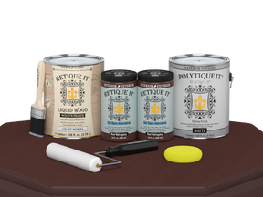 Retique It wood finish kit with four large red mahogany exterior top coat bottles and matte wood surface, for multi-purpose use.