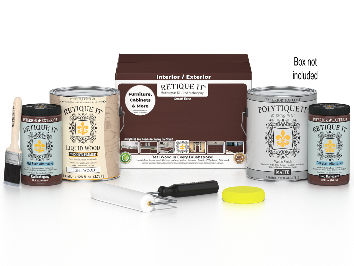 Retique It® Multi-purpose Smooth Finish Kit in Red Mahogany for exterior wood projects, includes four large top coat containers.