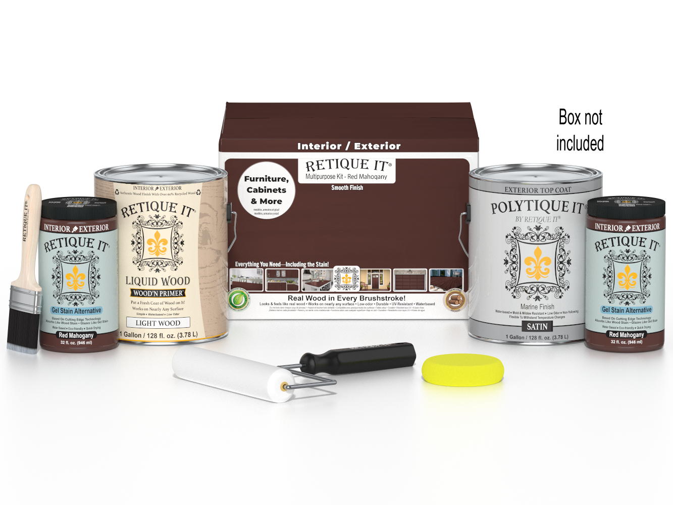 Retique It Multi-purpose Smooth Finish Kit in Red Mahogany for exterior wood, featuring four large wood finish top coats.
