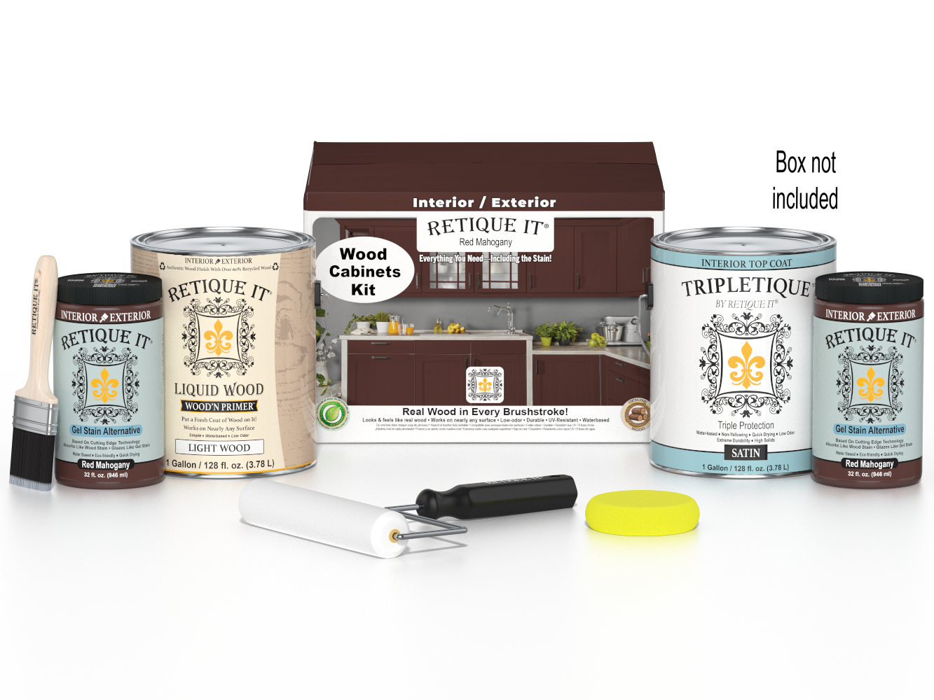 Retique It® Wood'n Cabinet Kit with 48 red mahogany stained cabinet doors, smooth finish and included stain products.